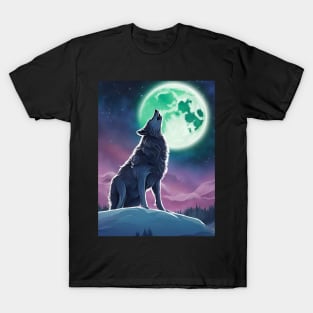 Nature Galaxy Starry Night Full Moon Howling Wolf T-Shirt